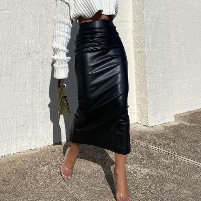 China 2021 Autumn New Temperament Commuter PU Breathable Leather Back Split Sexy Midi Skirt for sale