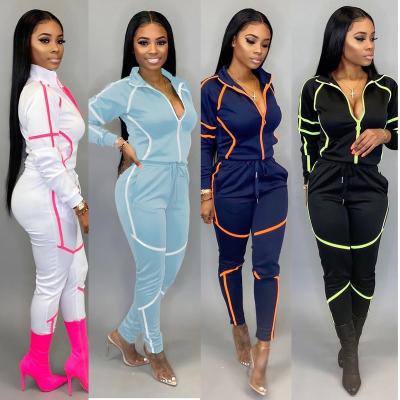 China Breathable Women Fall Two Piece Fashion Sportswear Color Block Long Sleeve Sport Set Turn Down Collar Women's Tracksuits With Zippers for sale