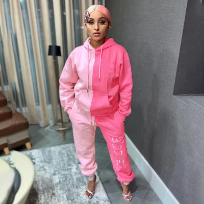 China 2021 Autumn Pink Hoodie Bold Color Washable Sporty Winter Sweatsuit Two Piece Set Tracksuits 2 PC Women Sports Jogger Clothing for sale