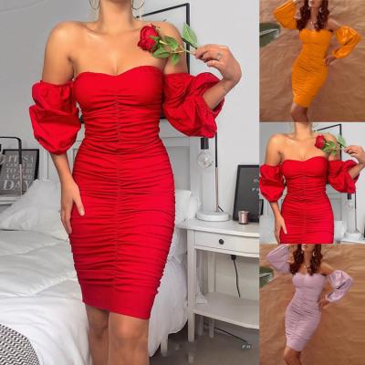 China Elegant Women Summer Breathable Strapless Off The Shoulder Pleated Casual Red Sexy Cocktail Dresses Party Dress for sale