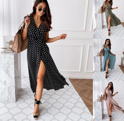 China Washable Bohemian Polka Dot Print Dress European and American V-Neckline Short Sleeve Summer Long Skirt Style for sale