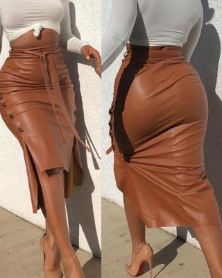 China Other Hot Selling Amazon Leather Women's Autumn And Winter Skirt Slit Fit Middle And Long Hip Wrap Skirt PU Skirt for sale