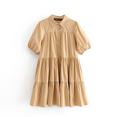 China QZ407 Summer Viable Ladies Khaki Color Turn Down Collar Short Sleeve Patchwork Loose Shirt Dress Women Backrest Dresses Vestido Clothing for sale