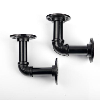 China Industrial Black DIY Floor Clamp Iron Brackets Pipe Fittings Pipe Bracket Shelf Bracket Industrial Pipe Shelf Bracket for sale