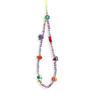 China Wholesale Cute Handmade Rainbow Color Smiley Face Fruit Pearl Polymer Clay Beaded Phone Lanyard Wrist Strap Mobile Phone Charm Chain for sale