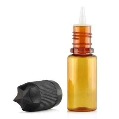 China PET 10ml Long Slim Tip Brown Chemical Plastic Dropper Bottles With Black Child Safe Tamper Proof Cap for sale