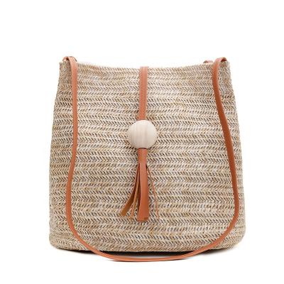 China New PU Summer Wooden Ball Tassel Cross - Body Female Bucket Straw Bag for sale