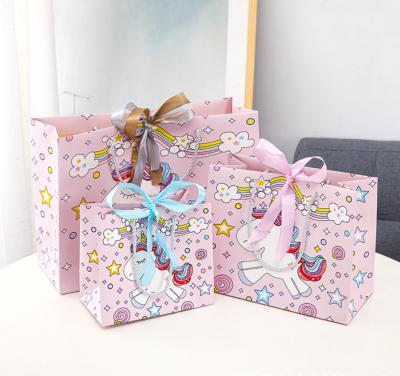 China Recyclable Children's Bag Unicorn Carrier Handbag Paper Bag Cartoon Gift Wrapping Drawstring Bag for sale