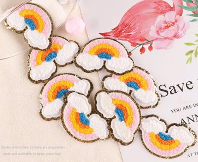 China New Hot Sale 3D Embroidery 3D Stick On Self-adhesive Bag Repair DIY Chenille Glitter Border Applique Rainbow Gold Pattern for sale