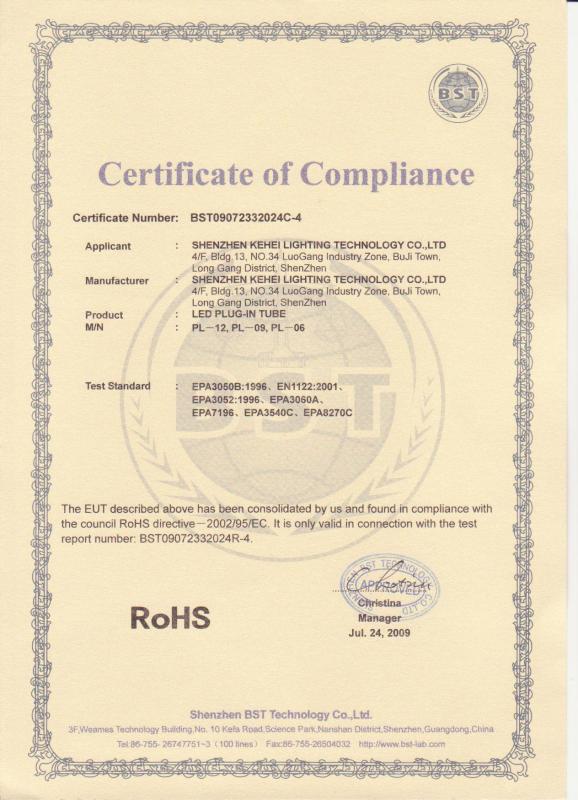 RoHS - Shenzhen Kehei Lighting Technology Co.,Ltd