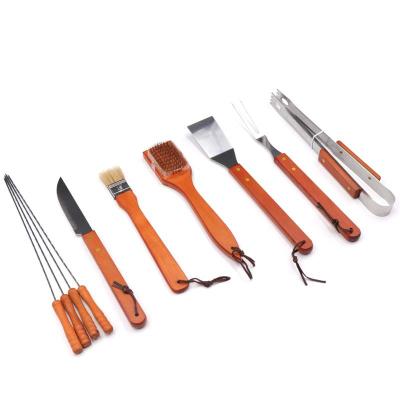 China Easily Cleaned Outdoor Stainless Steel Skewer Fork Set Wooden Handle Picnic BBQ Grill Tool Kit for sale