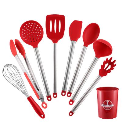 China Sustainable 8 Piece Stainless Steel Kitchen Silicone Utensil Set Includes Spatula Spoon Pocket for sale