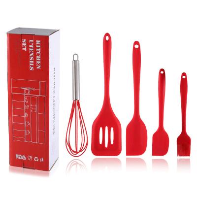 China Sustainable 5 Pcs Stainless Steel Handle Cooking Beater Spatula Spoon Red Silicone Kitchen Utensil Set for sale