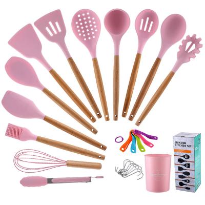 China 12pcs Sustainable Food Grade Silicone Cooking Kitchen Instruments Cookware Accessories Utensil Set With Wooden Handle for sale