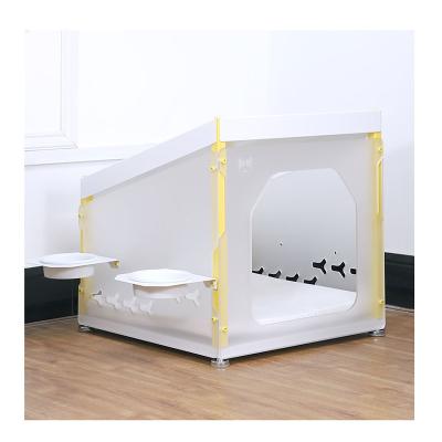 China Sustainable new design high quality stainless steel metal dog kennel for dogs with double hanging ceramic bowl for sale