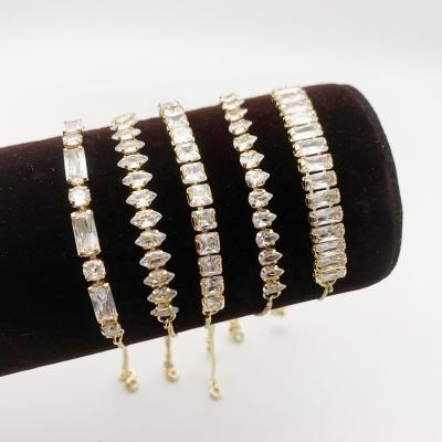 China CLASSIC shinning jewelry 14k gold plated brass tennis bracelet adjustable zircon diamond link chain slider for sale