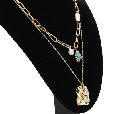 China Hyperbole Gold Plated Turquoise Natural Stone Statement Punk Layered Chain Choker Chain Hammered Necklace For Women for sale