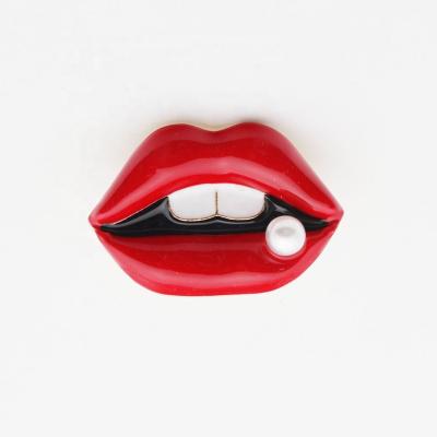 China Custom ALLOY metal red lips pin brooch pearl brooch for women for sale