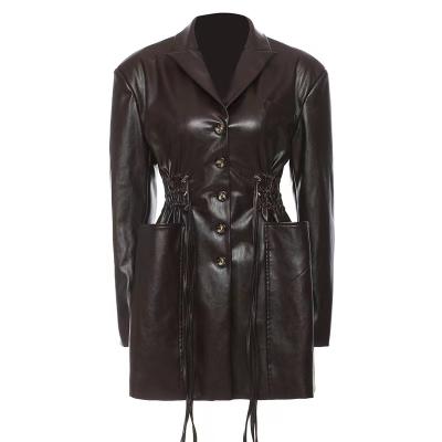 China Breathable Women Fashion Drawstring Oversized Midi Winter Pockets Long Leather Jacket Coat PU Jackets for sale