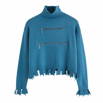 China New Retro Autumn And Winter Women's Breathable Sweaters Hole High Neck Bottoming Short Zipper Sweater For Women for sale