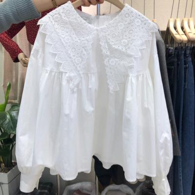 China 2021 Spring Women's New Spring Women's Breathable South Korea Lace Shirt Doll Collar Stitching Loose Shirt for sale