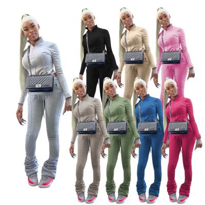 China New Breathable Women Sports Pocket Casual Sweated Stacked Zipper Pants Trousers Two Piece Set for sale