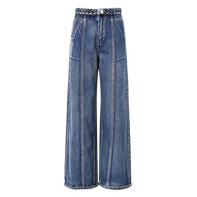 China Viable Wide Leg Lattice Pants Summer 2021 For Women Loose Braided High Waist Straight Leg Jeans Floor Length for sale