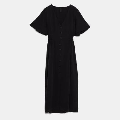 China Anti-Wrinkle Wholesale V Neck Dress Button Front Black Midi Dress Long In Black Black Dress Long for sale