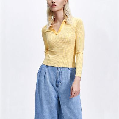 China Anti-Wrinkle Women's Autumn Spring Solids Modal Knitted Yellow T Shirts For Ladies for sale