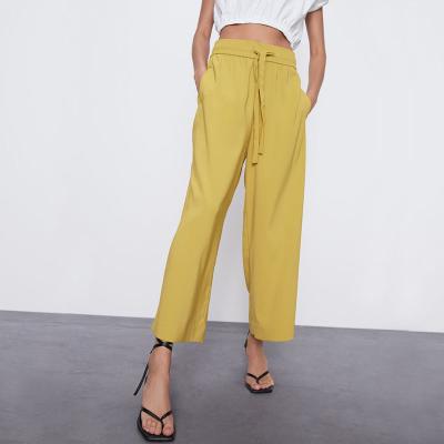 China Breathable Women Fashion Wide Leg Casual Pants Yellow Linen Pants for sale