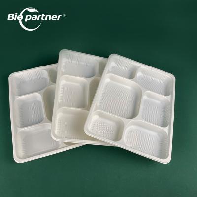 China Viable Corn Starch Nacho Vegetable Strawberry Fast Food Packaging Food Tray Disposable Plates of 6 Compartments for sale