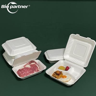 China AL10 Chinese Restaurant Microwavable Customized Compostable Ovenable Sugar Cane Bagasse Take Out Hinged Food Container for sale