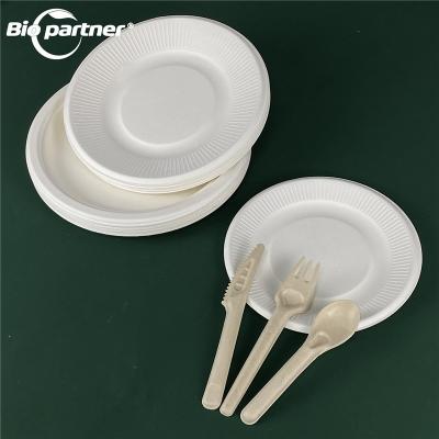 China Disposable AQ6 Customized Rack 20pcs 84pcs 3 4 30 86 200 360 Pcs Custom Disposable Sugarcane Bagasse Cutlery Set for sale