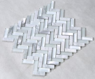 China Modern Hot Sale Fishbone White Glass Mosaic Backsplash Bathroom Floor And Wall Shower Tiles YMS37 for sale