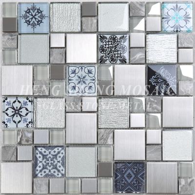 China HUV14 Parquet Inkjet Printing Silver Crystal Mosaic Metal Stone Mix Glass Tiles For Kitchen Cafe Wall Decoration Snowflake Style for sale