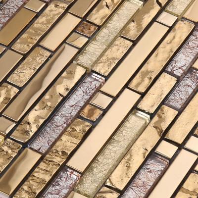 China Parquet Gold Color Kitchen Mosaic Glass Brick Tiles Backing Sheet 300X300mm Glass Mosaic Backsplash Strip Slabs for sale