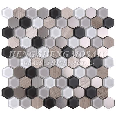 China Hot Sale Metal Mixed Marble Hexagon Backsplash Glass Mosaic Tile For Interior Decor for sale