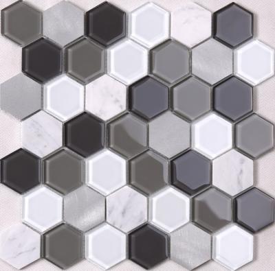 China Europe Mix High Quality Glass Metal Mosaic 3D Kitchen Backsplash Hexagon Tile Marble Bathroom for sale