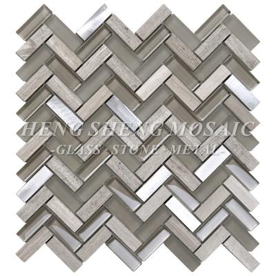 China Parquet Kitchen Cladding Herrings Bone Mixed Slate Glass And Aluminum Mosaic Slab for sale