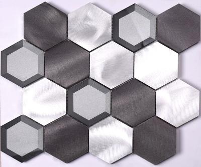 China Vintage 3D Hexagon Coffee Color Brushed Mix Metal Aluminum Mosaic Wall Glass Tile For Kitchen Backsplash for sale