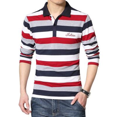 China Long Sleeve Men's Casual Anti-Wrinkle T-Shirt Striped Stain Pullover Slim Lapel Polo Shirt for sale