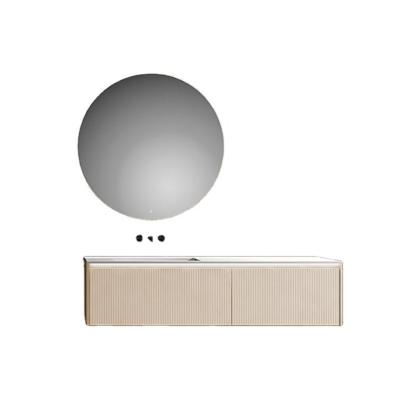 China Matte White Modern Artificial Invisible Sewer Stone Lined MDF Cabinet Wash Basin with LED Mirror for Hotel for sale