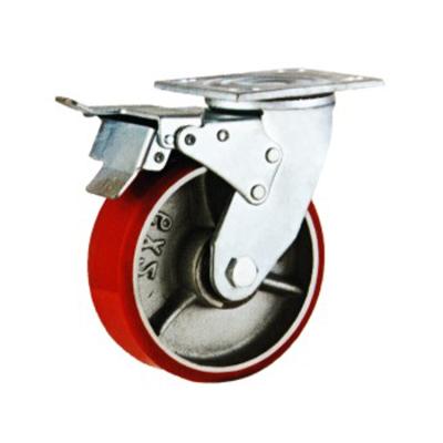 China Swivel With Brake 8 Inch Red PU Caster Heavy Duty 480kgs Cast Iron Trolley Caster Wheels for sale