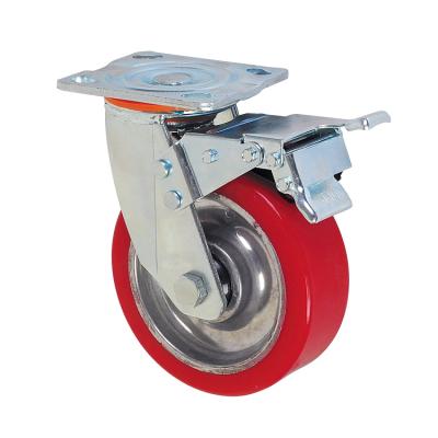 China Swivel With Brake Core Heavy Duty Aluminum PU Cover Caster Wheels 100mm With Center Locking for sale