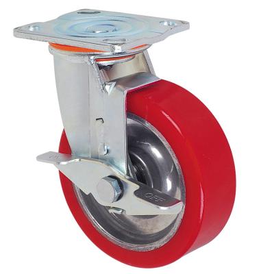 China Swivel with side brake 8 inch red PU plate swivel scaffolding caster wheel with side brake for sale