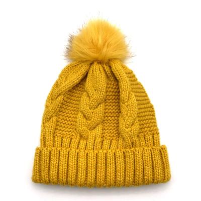 China NEW JOINT Girls Knitted Beanie Hat With Faux Fur Pompom for sale