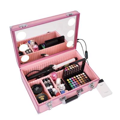 China Professional Fashion Makeup Rolling Case With Light Cosmetic Box LED 6 Lights Beauty Box Without Legs for sale