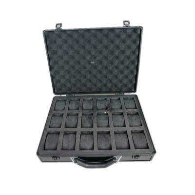 China Aluminum+MDF Customized All Black Aluminum Wristwatch Case With Cutout Foam For 18pcs Watches for sale