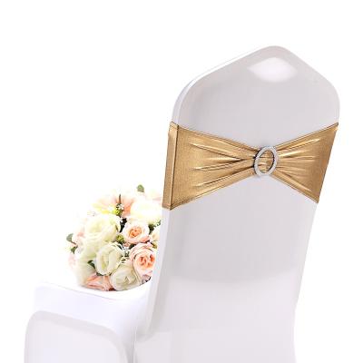 China Recycle Hot-stamping Gold Spandex Chair Sashes Hangers Wedding Banquet Hotel Decoration Elastic Chair Band for sale