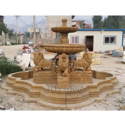 China QUYANG Yellow Marble Lion Water Fountain Outdoor Large Granite Modern Antique Natural Stone Garden Fountain for sale